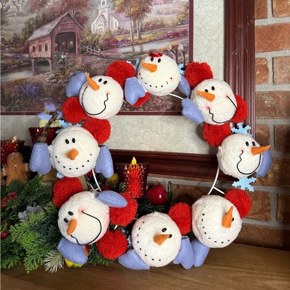Vintage 1997 Festive Snowman Wreath with Red and Blue Accents Handmade